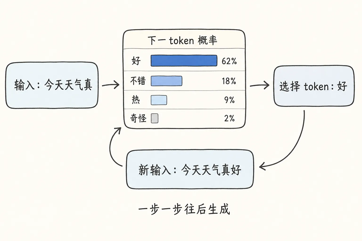 LLM 逐 token 生成循环图